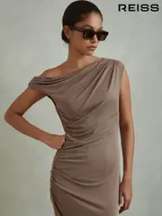 Reiss Mocha Fern Bodycon Ruched Midi Dress (K76149) | $260