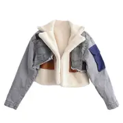 Nevenka Womens Denim Jackets Patchwork Turn Down Collar Plush Coat-Gray