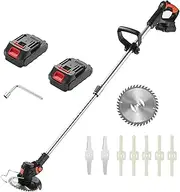 Cordless Grass Trimmer, Telescopic Lightweight Strimmer, 21V Battery*2, with Power Display, 2 Alloy Blades, 1 Alloy Saw Blade, 5 Plastic Blades, 10000 RPM High Speed, for Lawn Mowing