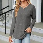 T shirt Tee Women's Black Red Brown Solid / Plain Color Button Daily Fashion Round Neck Regular Fit S