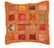 Indian Orange Patchwork Embroidered 16" Cushion Throw Vintage Pillow Cases Cover
