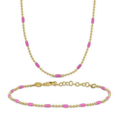 Amour Yellow Plated Silver Pink Enamel Ball Link Necklace & Bracelet Set