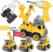 Take Apart Toys with Electric Drill | Converts to Remote Control Car | 3 in one Construction Truck Take Apart Toy for Boys | Gift Toys for Boys 3,4,5,6,7 Year Olds | Kids Stem Building Toy