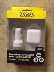 NEW WOW PowerBooster Combo Wall + Car Chargers Compact USB Charge, 2 USB Port