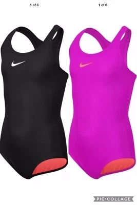 NWT Nike girls core solid racerback one piece swimsuit black fire pink 7 8