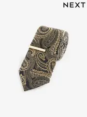 Black/Yellow Gold Paisley Slim Design Tie And Clip (E55775) | $23