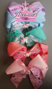 BIG 7" Boutique Style RAINBOW UNICORN HEARTS Double Stack Hair Bow