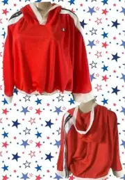 Champion XL Red Logo White Striped Drawcord Hem 3/4 Zip Sleeve Crop Hoodie Top