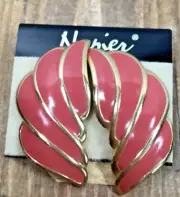 VTG Napier Earrings Stud Gold Tone Enamel Wing Art Deco Coral Orange Chunky