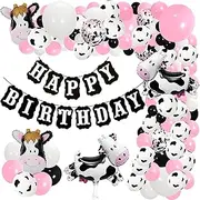 103Pcs Cow Balloon Garland Arch Kit - Pastel Pink, Black, White With Cow Print and Foil Balloons - Happy Birthday Banner for Animal Farm Party Decorations