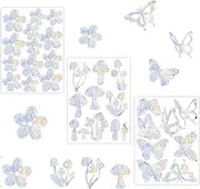 GIICE 32 Pcs Window Clings Rainbow Film Suncatcher Sticker Decals for Bird Strikes Prism Non Adhesive Electrostatic Stickers(Butterflies, Mushrooms, Flowers)