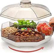 Noamus Rotating Snack Serving Tray with Lid, 11" Plastic Divided Serving Dishes, 5 Compartment Round Appetizer Platter, Removable Dried Fruit Organizer Plate for Veggie Candy Nut Cracker Chip Party