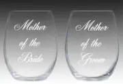Mother of the Bride and Mother of the Groom stemless wine glasses engrave custom
