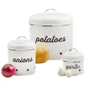 Enamelware Potatoes, Onions & Garlic Canister White Set; Vegetable Storage