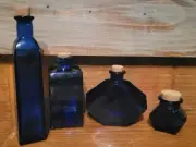 4 Cobalt Blue Glass Bottles With Cork Plugs Geometric Shapes 2.25" - 7" Tall