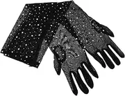 [Minkissy] Long Stretchy Mesh Gloves Rhinestone Tulle Gloves for Women Sparkly Evening Party Supplies Elbow Length