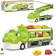 Dinosaur Hauler Truck with Ejection Race Track,1 Toy Triceratops Dinosaur Transport Carrier Truck with 6 Dinosaur Car Vehicles,Car Toys Playset with Lights Sounds,Kids Gifts