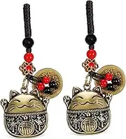 2 Pcs Vintage Brass Cat Pendants Keychain for Wallet Rear View Mirror Decor Design with Meaningful Wishes Present for Fortune