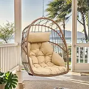 YITAHOME Hanging Egg Chair, Patio Wicker Hammock Egg Chair Basket Chair Swing with Cushion, Outdoor 330lbs Rattan Egg Outdoor Swing Chair for Balcony Garden Bedroom, Beige (Stand not Included)