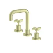Bath basin bench top mount 1/4 turn tap brushed Brass Gold cross square spout