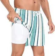 [GuoChe] Mens Short Swim Trunks Mens Double Layer Workout Running Shorts Colored Stripes Blue with Phone Pocket Swimwear