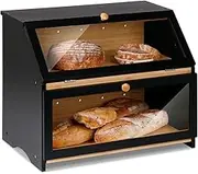 HOMEKOKO Double Layers Large Bread Box for Kitchen Counter, Wooden Large Capacity Bamboo Bread Food Storage Bin - Black