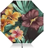 [PDZRMY] Flower Art Leaf UV Protection Travel Umbrella Compact for Rain and Sun - Auto Open and Close UPF 50+ Windproof Portable 46” Sun Umbrella for Women and Men