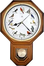 JUSTIME Unique 12 North America Red Bird's Song Schoolhouse Pendulum Wall Clock Chimes Every Hour Melody Sweep Silent Movement (TCBD-PP-RB-LW Light Wood Grain)