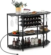 Giantex Wine Rack Table with Power Outlets, 3-Tier Freestanding Liquor Cabinet, Floor Coffee Bar Cabinet Wine Bottle Rack, Glass Holder, Buffet Sideboard Kitchen Dining Room (Rustic Grey + Black)