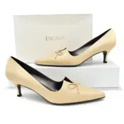 Escada Light Camel Leather Bow Low Heel Pointed Toe Pumps sz 9.5