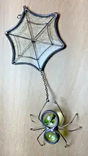 Frosted Glass Web Green Spider 7" Suncatcher Handmade Unique Only One Available