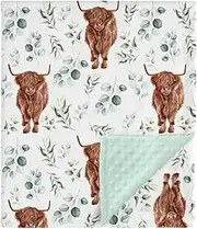 Highland Cow Eucalyptus Leaf Minky Baby Blanket Dotted Backing Boy Girl Gift, Western Farm Animal Yak Double Layer Flannel Nursery Bed Blankets, Soft Plush Newborn Infant Toddler Crib Bedding 30 x 40
