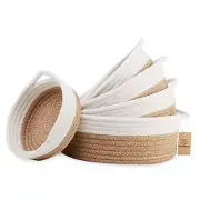 5-Piece Round Small Woven Baskets Set - 100% Natural Cotton Off White & Jute