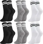 [taonganui] 6 Pairs of Tennis Socks for Women Sports Socks Women's Running Socks Tennis Sports Socks with Stripes Cotton Socks Crew Socks Work Socks Black, White, Grey