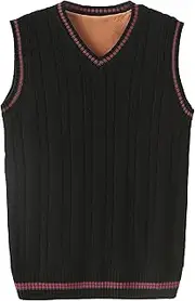 [SWJGLITTR] Men Cable Knitted Thick Pullover Vest V-Neck Slim Fit Sleeveless Sweater Slim Knit Wool Blended Vests, Black, Large