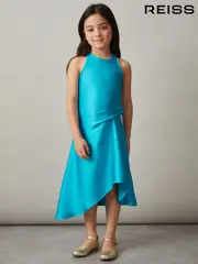 Reiss Blue Micah Satin Drape Tuck Midi Dress (F85180) | $115