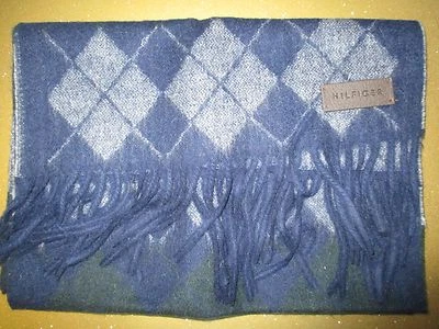NEW Tommy Hilfiger 100% Lambswool Scarf Navy Gray Green Argyle Fringe