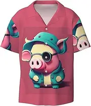 [YANYU] Cute Pig Print Hawaiian Shirts Men Short Sleeve Button Down Cuban Collar Shirt Summer Beach Days