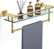 Bathroom Glass Shelf with Towel Rack Organizer Wall-Mounted Bathroom Storage SUS304 Stainless Steel Track Wall-Mounted Tempered Glass Stainless Steel Shelf (Brushed Gold, 20-inch)