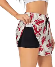 [WURTON] Red Lobster Print Exercise Gym Workout Shorts Women's Athletic Shorts Dual-Layered Yoga Running Shorts
