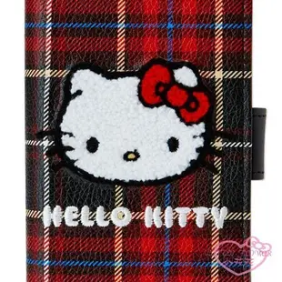 ♥小花凱蒂日本精品♥Hello kitty凱蒂貓黑紅格紋顏色布面圖案PU手機殼手機套萬用皮套00142106