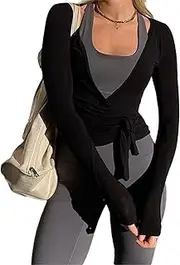 [Yoawdats] Women's Tie Wrap Top Sexy Deep V Neck Tie Front Long Sleeve Tops Casual Slim Fit Yoga Shirts Workout T Shirts