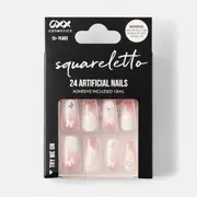 OXX Cosmetics 24 Pack Artificial Nails with Adhesive - Squareletto Shape, Butterfly