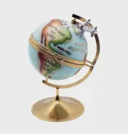 New French Limoges Trinket Box Light Blue World Globe with Removable Airplane