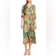 Leaf Print Ruffle Wrap Dress. Size 8. NWT