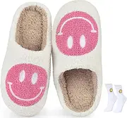 [CookTaitai] Unisex Warm Slippers Non-Slip Winter Slides Indoor Shoes House Slippers, Smiley Face Soft Plush Memory Foam Shoes with Socks