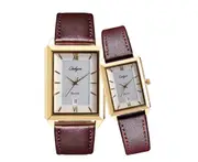 C47 2PCS Square Gold Shell White Face Belt Couple Watch Roman Scale Quartz Dial Large Calendar for His and Hers Valentines Day Gift