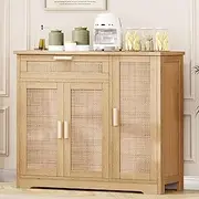 Keehusux Rattan Sideboard Buffet Cabinet, Floor Storage Cabinet with Drawer & 3 Doors, Freestanding Cabinet with Adjustable Shelf, Accent Cabinet for Kitchen, Living Room, Hallway, Natural KES001MCWG