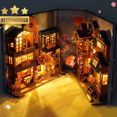3D Wooden Puzzle Book Nook Kit w/ LED Light, DIY Bookend Shelf Insert Miniature