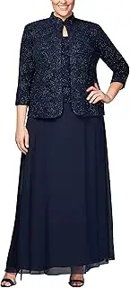[Alex Evenings] Womens Plus-Size Jacquard Knit Long Dress and Manadrin Jacket Three-Quarter-Sleeve Dress - Blue